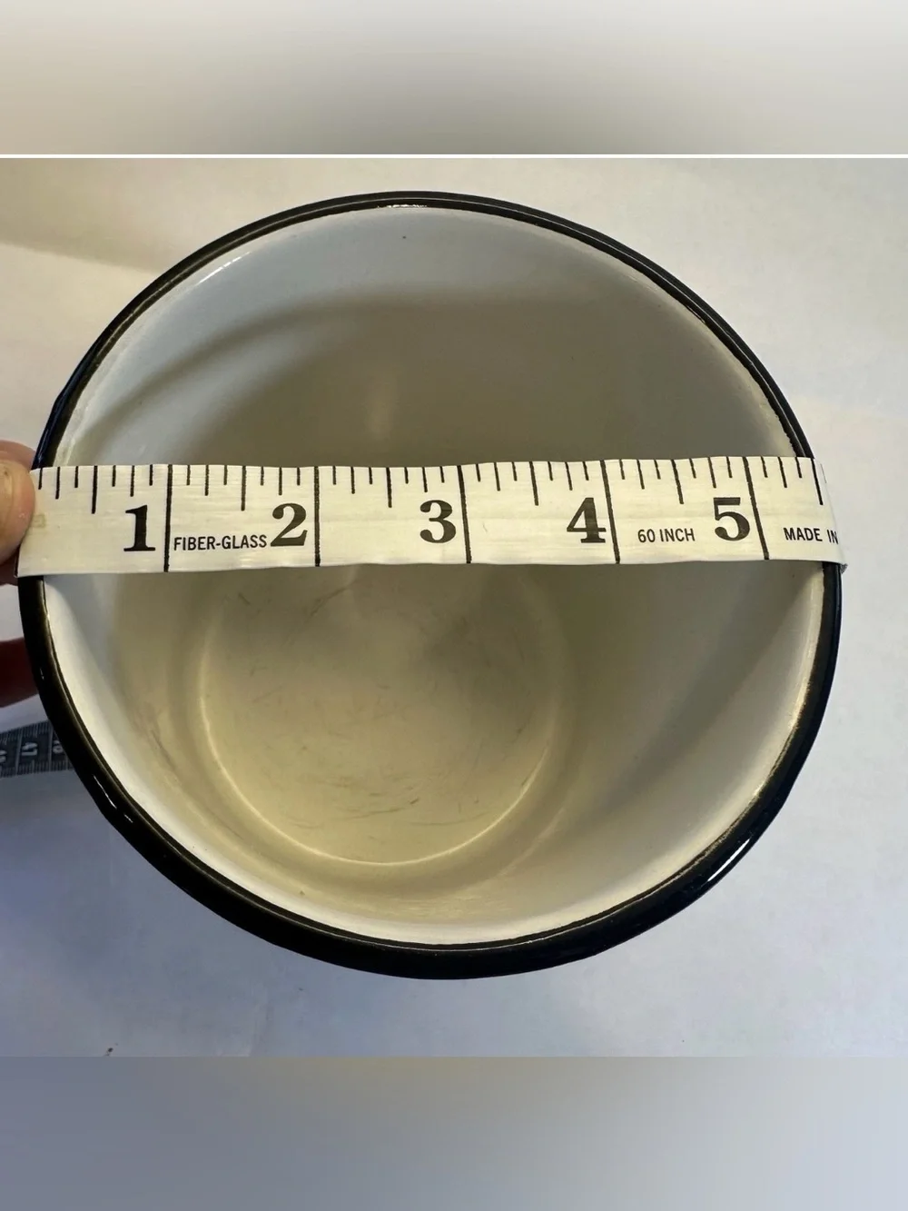 Vintage White Enamel Utensil Holder Crock Black Rim French Country Cottage 6